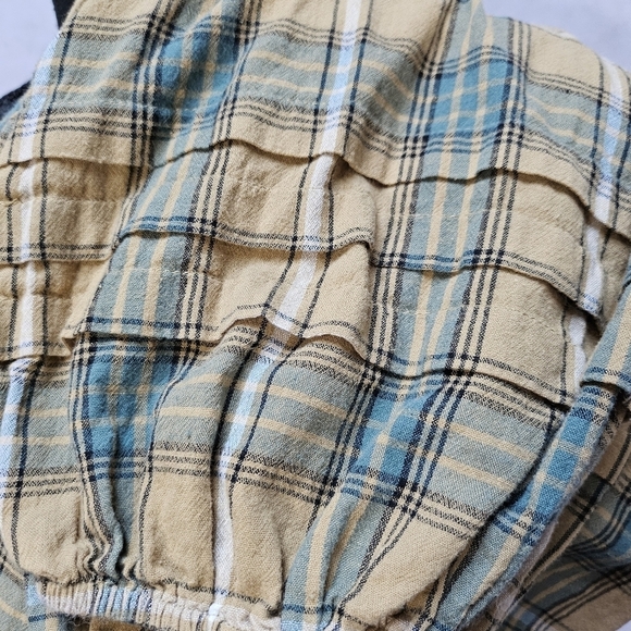 Easel Embroidered Floral & Plaid Oversized Top 100% Cotton Brown Teal Size S - Picture 6 of 8